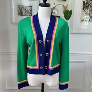 St John Marie Grey Santana Knit Green Blue Cardigan Jacket 8